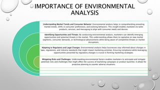 IMPORTANCE OF ENVIRONMENTAL
ANALYSIS
Understanding Market Trends and Consumer Behavior: Environmental analysis helps in comprehending prevailing
market trends, shifts in consumer preferences, and evolving behaviors. This insight enables marketers to tailor
products, services, and messaging to align with consumer needs and desires.
Identifying Opportunities and Threats: By conducting environmental analysis, marketers can identify emerging
opportunities and potential threats in the market. This understanding allows them to capitalize on new market
segments, consumer demands, or technological advancements while being aware of competitive threats or market
disruptions.
Adapting to Regulatory and Legal Changes: Environmental analysis helps businesses stay informed about changes in
laws, regulations, and industry standards that might impact marketing activities. Ensuring compliance while leveraging
opportunities presented by regulatory changes is crucial in forming marketing strategies.
Mitigating Risks and Challenges: Understanding environmental factors enables marketers to anticipate and mitigate
potential risks and challenges that might affect the success of marketing campaigns or product launches. It allows for
proactive planning to counter adverse situations.
 