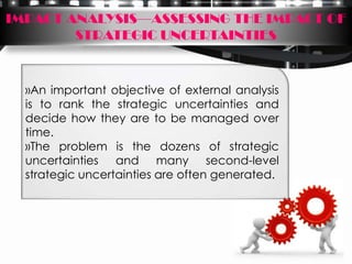 IMPACT ANALYSIS—ASSESSING THE IMPACT OF
        STRATEGIC UNCERTAINTIES


  »An important objective of external analysis
  is to rank the strategic uncertainties and
  decide how they are to be managed over
  time.
  »The problem is the dozens of strategic
  uncertainties and many second-level
  strategic uncertainties are often generated.
 