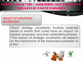IMPACT ANALYSIS—ASSESSING THE IMPACT OF
        STRATEGIC UNCERTAINTIES


IMPACT OF STRATEGIC
UNCERTAINT

    Each strategy uncertainty involves potential
    trends or events that could have an impact on
    present, proposed, and even potential businesses.
    The impact of strategic uncertainty will depend
    on the importance of the impacted businesses to
    a firm.
 