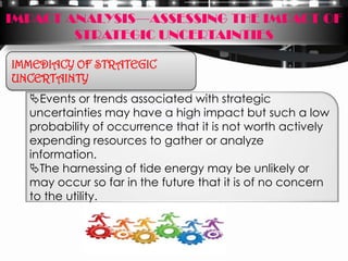 IMPACT ANALYSIS—ASSESSING THE IMPACT OF
        STRATEGIC UNCERTAINTIES

IMMEDIACY OF STRATEGIC
UNCERTAINTY
  Events or trends associated with strategic
  uncertainties may have a high impact but such a low
  probability of occurrence that it is not worth actively
  expending resources to gather or analyze
  information.
  The harnessing of tide energy may be unlikely or
  may occur so far in the future that it is of no concern
  to the utility.
 