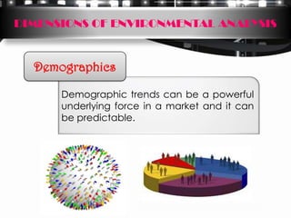 DIMENSIONS OF ENVIRONMENTAL ANALYSIS


  Demographics

      Demographic trends can be a powerful
      underlying force in a market and it can
      be predictable.
 