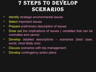 7 steps to develop scenarios Identify  strategic environmental issues Select  important issues  Prepare  preliminary description of issues  Draw   out  the implications of issues ( variables that can be controlled and cannot  Develop  detailed descriptions – scenarios (best case, worst, most likely one) Discuss  scenarios with top management  Develop  contingency action plans 