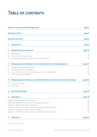 Environmental and Social Risk Due Diligence in the Financial Sector / 1Sustainable Finance Advisory
Table of contents
About the report and acknowledgements	 page 2
Glossary of terms	 page 3
Executive summary	 page 6
1. 		 Background	 page 8
2. 		 Mapping exercise: approach	 page 12
2.1. 	 Methodology	 13
2.2. 	 Financial institutions and services	 17
2.3. 	 International frameworks, principles, standards and guidelines	 20
3. 		 Mapping exercise: findings on environmental and social risk due diligence 	 page 22
3.1. 	 Findings on frameworks and principles	 23
3.2. 	 Findings on standards and guidelines	 24
3.3. 	 Environmental and social risk due diligence processes and implementation	 34
3.4. 	 Human rights risk due diligence	 43
4. 		 Mapping exercise: findings on the OECD Guidelines and financial institution leverage 	 page 48
4.1. 	 The OECD Guidelines	 49
4.2. 	 FI leverage	 53
5. 		 Summary of findings	 page 75
6. 		 Appendices	 page 78
Appendix A: Project Advisory Group Members 	 78
Appendix B: Breakdown of survey responses by geographical region	 78
Appendix C: Representative interview questions	 79
Appendix D: References for Table 4: General characteristics of financial services	 80
Appendix E: Challenges in conducting E&S due diligence	 81
Appendix F: UNGP decision-making logic on business relationships and leverage	 82
7. 		 References	 page 83
Cover: © iStockphoto.com/TBritton
 