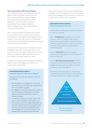 3. Mapping exercise: findings on environmental and social risk due diligence
Environmental and Social Risk Due Diligence in the Financial Sector / 28Sustainable Finance Advisory
Types of approaches to ES risk due diligence
Some FI study participants have established a centralised
approach to ES due diligence, where the ES risk
policies, experts and decision-making authorities
are situated at the central/head office level of the
organisation. In such cases there is one point of
contact for ES issues, usually an independent
ES risk management team that reviews all relevant
financing/investing proposals.
Other FI study participants have adopted a decentralised
approach, where the various business divisions bear the
responsibility for conducting the ES due diligence for their
portfolios. In these cases, ES risk policies are developed
at business division level and the ES risk experts are located
in the business/commercial teams.
There are also FIs that have a more limited approach to ES
due diligence, where ES issues are dealt with on a case-
by-case basis, within the regular credit/investment decision
processes. In these cases, ES issues will typically only
be considered in the larger transactions or deals.
A number of FI study participants have adopted a systematic
approach to ES risk due diligence, as reflected in the
implementation example below.
Some of the FI study participants with well-established ES
due diligence and risk management practices are increasingly
of the view that engaging on ES issues is also an opportunity
to “create value” and deepen client relationships.
IMPLEMENTATION EXAMPLE 1:
Systematic approach to ES risk due diligence
Characteristics of a systematic approach to ES risk
due diligence:
•	 ES risk aspects are embedded into existing risk
frameworks and are an integral part of determining
the FI’s risk profile or appetite;
•	 An integrated, mainstreamed approach is in place
(e.g. ES risks are considered across the whole
range of financial services and by a number of
different functions);
•	 A framework of policies, processes, systems and
tools is used for consistent implementation; and
•	 Where relevant, ES risk due diligence takes place not
only at the transaction level, but also outside the deal
flows (e.g. some FIs screen for potential ES issues
before engaging with new clients, during Know Your
Customer (KYC) processes) and at portfolio level.
IMPLEMENTATION EXAMPLE 2:
ES risk management framework
One FI’s ES risk management framework is structured
in a three level pyramid:
Level 1 – Strategic level involvement in certain ES
initiatives, where the FI is able to make strategic
interventions (e.g. participation in extractive industries
initiatives, supporting academic research, participation
in industry-led presentations and workshops on
specific ES topics);
Level 2 – Tactical level, where the FI conducts
portfolio reviews and engages with clients outside the
transaction flow; and
Level 3 – Operational transactional level, where the
FI conducts transaction and client level reviews and
engages with clients within the context of a specific
transaction or business engagement.
On-going top-down and bottom-up communication
among the levels provides the basis for well-established
and implemented ES risk management strategies.
Strategic
level
Tactical level
Operational transactional level
ES risk management
framework pyramid
 