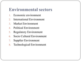 Environmental sectors
1. Economic environment
2. International Environment
3. Market Environment
4. Political Environment
5. Regulatory Environment
6. Socio Cultural Environment
7. Supplier Environment
8. Technological Environment
 