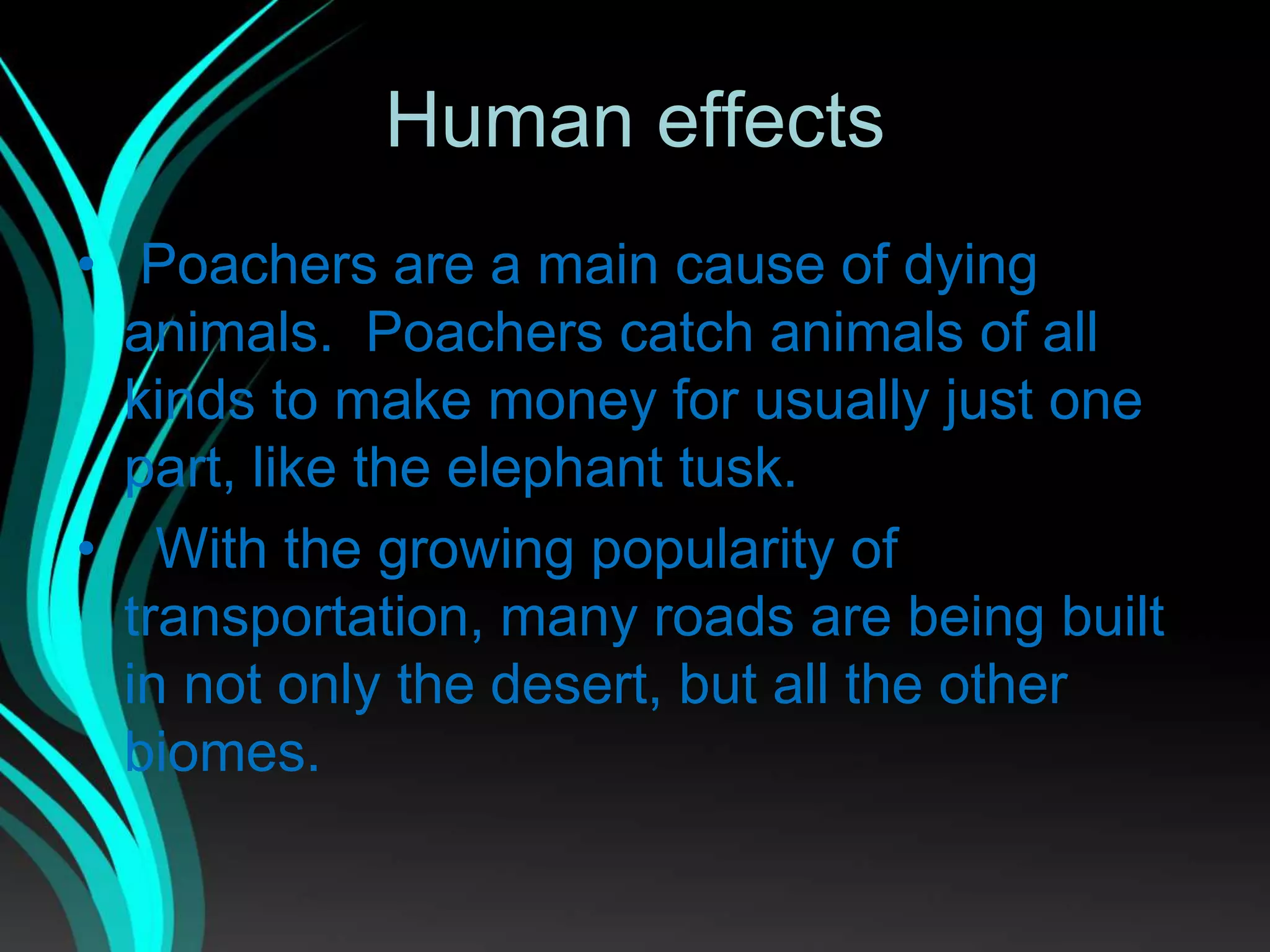 Human effects
• Poachers are a main cause of dying
animals. Poachers catch animals of all
kinds to make money for usually just one
part, like the elephant tusk.
• With the growing popularity of
transportation, many roads are being built
in not only the desert, but all the other
biomes.
 