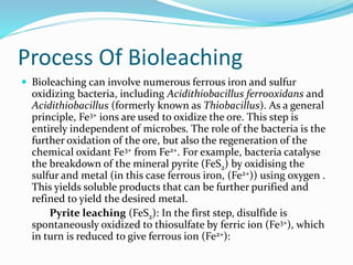 Process Of Bioleaching
 Bioleaching can involve numerous ferrous iron and sulfur
oxidizing bacteria, including Acidithiobacillus ferrooxidans and
Acidithiobacillus (formerly known as Thiobacillus). As a general
principle, Fe3+ ions are used to oxidize the ore. This step is
entirely independent of microbes. The role of the bacteria is the
further oxidation of the ore, but also the regeneration of the
chemical oxidant Fe3+ from Fe2+. For example, bacteria catalyse
the breakdown of the mineral pyrite (FeS2) by oxidising the
sulfur and metal (in this case ferrous iron, (Fe2+)) using oxygen .
This yields soluble products that can be further purified and
refined to yield the desired metal.
Pyrite leaching (FeS2): In the first step, disulfide is
spontaneously oxidized to thiosulfate by ferric ion (Fe3+), which
in turn is reduced to give ferrous ion (Fe2+):
 