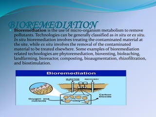 BIOREMEDIATION Bioremediation is the use of micro-organism metabolism to remove
pollutants. Technologies can be generally classified as in situ or ex situ.
In situ bioremediation involves treating the contaminated material at
the site, while ex situ involves the removal of the contaminated
material to be treated elsewhere. Some examples of bioremediation
related technologies are phytoremediation, bioventing, bioleaching,
landfarming, bioreactor, composting, bioaugmentation, rhizofiltration,
and biostimulation.
 