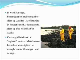  In North America,
bioremediation has been used to
clean up Canada’s DEW line sties
in the arctic and has been used to
clean up after oil spills off of
Alaska.
 Currently, this science can
“engineer” bacteria to break down
hazardous waste right at the
workplace to avoid transport and
storage.
 