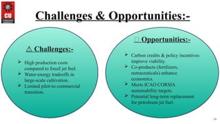 14
Challenges & Opportunities:-
⚠️Challenges:-
 High production costs
compared to fossil jet fuel.
 Water-energy tradeoffs in
large-scale cultivation.
 Limited pilot-to-commercial
transition.
🚀 Opportunities:-
 Carbon credits & policy incentives
improve viability.
 Co-products (fertilizers,
nutraceuticals) enhance
economics.
 Meets ICAO CORSIA
sustainability targets.
 Potential long-term replacement
for petroleum jet fuel.
 