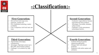 5
-:Classification:-
First Generation:
• Derived from food crops (corn,
sugarcane, soybean oil).
• Pros: Established technology, market
availability.
• Cons: Competition with food, land, and
water .
Second Generation:
• Feedstocks: Lignocellulosic biomass
(agricultural & forest residues).
• Advantages: Non-edible, abundant,
carbon-neutral .
• Challenges: Costly pretreatment,
technological barriers .
Third Generation:
• Algal biofuels (microalgae,
cyanobacteria).
• Advantages: High lipid content (up to
80% DW), direct biofuel synthesis .
• Challenges: Low productivity, high
costs.
Fourth Generation:
• Synthetic biology & genetic
engineering approaches.
• Designer fuels with tailored
properties .
• Integration with carbon capture and
utilization .
 