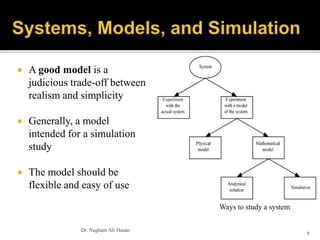 Dr. Nagham Ali Hasan
8
Ways to study a system
 A good model is a
judicious trade-off between
realism and simplicity
 Generally, a model
intended for a simulation
study
 The model should be
flexible and easy of use
 