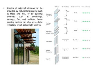 • Shading of external windows can be
provided by natural landscaping such
as trees and hills, or by building
elements such as overhangs,
awnings, fins and trellises. Some
shading devices can also act as light
reflectors, which called light shelves
 