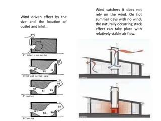 Wind driven effect by the
size and the location of
outlet and inlet .
Wind catchers it does not
rely on the wind. On hot
summer days with no wind,
the naturally occurring stack
effect can take place with
relatively stable air flow.
 