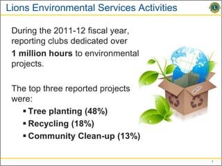 Lions Environmental Services Activities

 During the 2011-12 fiscal year,
 reporting clubs dedicated over
 1 million hours to environmental
 projects.

 The top three reported projects
 were:
    Tree planting (48%)
    Recycling (18%)
    Community Clean-up (13%)

                                          7
 