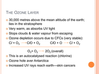 THE OZONE LAYER
30,000 metres above the mean altitude of the earth;
lies in the stratosphere
 Very warm, as absorbs UV light
 Stops clouds & water vapour from escaping
 Ozone depletion occurs due to CFCs (very stable):
Cl + O3
ClO + O2
ClO + O
Cl + O2


O 3+ O 2
2O2 (overall)
 This is an autocatalysed reaction (chlorine)
 Ozone hole aver Antarctica
 Increased UV rays reach earth—skin cancers

 