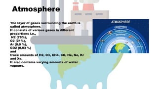 Atmosphere
The layer of gases surrounding the earth is
called atmosphere.
It consists of various gases in different
proportions i.e.,
N2 (78%),
O2 (21%),
Ar (0.9 %),
CO2 (0.03 %)
and
trace amounts of H2, O3, CH4, CO, He, Ne, Kr
and Xe.
It also contains varying amounts of water
vapours.
 