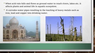 • When acid rain falls and flows as ground water to reach rivers, lakes etc. it
affects plants and animal life in aquatic ecosystem.
• It corrodes water pipes resulting in the leaching of heavy metals such as
iron, lead and copper into drinking water.
 