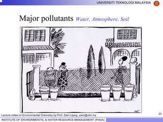 23
UNIVERSITI TEKNOLOGI MALAYSIA
INSTITUTE OF ENVIRONMENTAL & WATER RESOURCE MANAGEMENT (IPASA)
Lecture notes on Environmental Chemistry by Prof. Zaini Ujang. zaini@utm.my
Major pollutants Water, Atmosphere, Soil
 