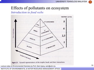 33
UNIVERSITI TEKNOLOGI MALAYSIA
INSTITUTE OF ENVIRONMENTAL & WATER RESOURCE MANAGEMENT (IPASA)
Lecture notes on Environmental Chemistry by Prof. Zaini Ujang. zaini@utm.my
Effects of pollutants on ecosystem
Introduction to food webs
 