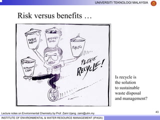 43
UNIVERSITI TEKNOLOGI MALAYSIA
INSTITUTE OF ENVIRONMENTAL & WATER RESOURCE MANAGEMENT (IPASA)
Lecture notes on Environmental Chemistry by Prof. Zaini Ujang. zaini@utm.my
Risk versus benefits …
Is recycle is
the solution
to sustainable
waste disposal
and management?
 
