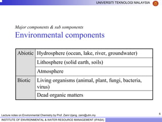 6
UNIVERSITI TEKNOLOGI MALAYSIA
INSTITUTE OF ENVIRONMENTAL & WATER RESOURCE MANAGEMENT (IPASA)
Lecture notes on Environmental Chemistry by Prof. Zaini Ujang. zaini@utm.my
Major components & sub somponents
Environmental components
Hydrosphere (ocean, lake, river, groundwater)
Lithosphere (solid earth, soils)
Atmosphere
Living organisms (animal, plant, fungi, bacteria,
virus)
Biotic
Dead organic matters
Abiotic
 