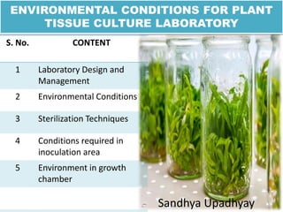 ENVIRONMENTAL CONDITIONS FOR PLANT
TISSUE CULTURE LABORATORY
S. No. CONTENT
1 Laboratory Design and
Management
2 Environmental Conditions
3 Sterilization Techniques
4 Conditions required in
inoculation area
5 Environment in growth
chamber
Sandhya Upadhyay
 