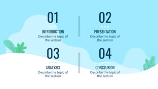 INTRODUCTION
01
Describe the topic of
the section
PRESENTATION
02
Describe the topic of
the section
ANALYSIS
03
Describe the topic of
the section
CONCLUSION
04
Describe the topic of
the section
 