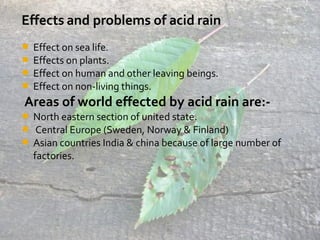  Effect on sea life.
 Effects on plants.
 Effect on human and other leaving beings.
 Effect on non-living things.
Areas of world effected by acid rain are:-
 North eastern section of united state.
 Central Europe (Sweden, Norway & Finland)
 Asian countries India & china because of large number of
factories.
 
