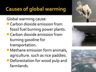 Global warming cause:
 Carbon dioxide emission from
fossil fuel burning power plants.
 Carbon dioxide emission from
burning gasoline for
transportation.
 Methane emission form animals,
agriculture. such as rice paddies.
 Deforestation for wood pulp and
farmlands.
 
