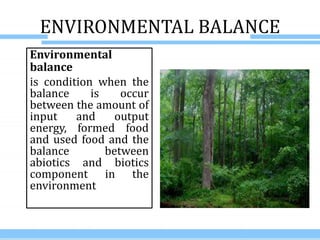 ENVIRONMENTAL BALANCE
Environmental
balance
is condition when the
balance is occur
between the amount of
input and output
energy, formed food
and used food and the
balance between
abiotics and biotics
component in the
environment
 