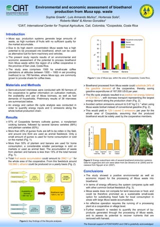 Environmental and economic assessment of bioethanol
                                                          production from Musa spp. waste
                                                           Sophie Graefe1, Luis Armando Muñoz1, Hortensia Solis2,
                                                                    Roberto Mata2 & Alonso González1
                 1CIAT,            International Center for Tropical Agriculture, Cali, Colombia, 2Coopedota, Costa Rica

Introduction
 Musa spp. production systems generate large amounts of                                                                                                                                    Household consumption
                                                                                                                                                70
 waste, as high numbers of fruits with no sufficient quality for                                                                                                                           Market
 the market accumulate.                                                                                                                         60                                         Animal feed
                                                                                                                                                                                           Waste
 Due to its high starch concentration Musa waste has a high                                                                                     50
 potential to be processed into bioethanol, which can be used
                                                                                                                                                40
 as alternative fuel for farm machinery and vehicles.




                                                                                                                                            %
 The present study reports results of an environmental and                                                                                      30

 economic assessment of the potential to process bioethanol                                                                                     20
 from Musa waste within the region of a coffee cooperative in
                                                                                                                                                10
 the province of San José, Costa Rica.
 The study area comprises 1500 ha small-scale coffee                                                                                              0
 plantations at altitudes between 1500 – 1900 m asl providing                                                                                             Guineo          Plantain      Banana
 livelihood to ca. 780 families, where Musa spp. are commonly
 grown to provide shade for coffee trees.                                                                Figure 1. Use of Musa spp. within the area of Coopedota, Costa Rica.


Materials and Methods                                                                                  Bioethanol processed from Musa waste could substitute 24% of
                                                                                                       the gasoline demand of the cooperative, thereby saving
 Semi-structured interviews were conducted with 80 farmers of
                                                                                                       gasoline expenditures of 187,000 US-$ per year.
 the cooperative to gather information on cultivation methods,
 the availability and use of Musa biomass, as well as fuel                                             The life cycle analysis resulted in a positive net energy balance
 demands of households. Preliminary results of 38 interviews                                           of 12.9 MJ L-1, with biomass transport representing the largest
 are summarized below.                                                                                 energy demand along the production chain (Fig. 2).
 An energy and carbon life cycle analysis was conducted in                                             Avoided carbon emissions amount to 0.67 kg C L-1 when using
 order to quantify energy inputs and C emissions along the                                             Musa waste biofuel instead of conventional gasoline (Fig. 2).
 whole biofuel production chain.                                                                       This would yield in 129 t saved C emissions per year for the
                                                                                                       whole area of Coopedota, assuming that the produced
                                                                                                       bioethanol would be solely used by the cooperative members.
Results
 97% of Coopedota farmers cultivate guineo, a nonplantain
 cooking banana, followed by several banana varieties (68%)
                                                                                                                                        4
 and plantain varieties (63%).
                                                                                                          Energy output / input ratio




 More than 40% of guineo fruits are left to be rotten in the field,                                                                     3
 and around one third are used as animal feedstock. Only a
 small amount of guineo is used for home consumption or sold                                                                            2
 on the market (Fig. 1).
 More than 50% of plantain and banana are used for home                                                                                 1
 consumption; a considerable smaller percentage is sold on
 markets or used as animal feed. The accumulation of waste                                                                              0
 from plantain and banana is less than 15% of the total harvest                                                                               Musa     Sugarcane   Corn      Cassava
                                                                                                                                            Costa Rica   Brazil     US       Thailand
 (Fig. 1).
 Total fruit waste accumulation could amount to 2842 t yr-1 for
                                                                                                     Figure 3. Energy output/input ratio of several bioethanol production systems.
 the whole area of the cooperative. From this feedstock around
                                                                                                     Data for sugarcane and corn were taken from De Oliveira et al. (2005) and for
 192,866 L ethanol could be produced on a yearly basis (Fig. 2).                                     cassava from Nguyen et al. (2007).


    No farm inputs
                                                                                                     Conclusions
    Transport 22.0 kg ha-1 yr-1            Carbon
                                                             Carbon
                                                            emissions                Avoided
                                                                                                       The study showed a positive environmental as well as
                                          emissions
                                       23.1 kg ha-1 yr-1
                                                           conventional
                                                             gasoline
                                                                                   C emissions
                                                                                    0.67 kg L-1
                                                                                                       economic impact for the processing of Musa waste into
                                                            0.85 kg L-1
    Processing 1.13 kg ha-1 yr-1                                                                       bioethanol.
                                                                                                       In terms of energy efficiency the system compares quite well
                                                                                                       with other common biofuel feedstock (Fig. 3).
                           Availability of
                                                                    Bioethanol yield
                                                                                                       Musa waste does not compete for land resources or food, and
                              biomass                                                                  could be therefore promoted as a sustainable small-scale
                                                                    128.6 L ha-1 yr-1
                           1.89 t ha-1 yr-1
                                                                                                       option for substituting fossil fuels for local consumption in
                                                                                                       areas with large Musa waste accumulations.
    No farm inputs
                                                                                                       An effective operation requires the running of a processing
                                                               Energy              Net-energy          plant at a cooperative or village level.
                                            Energy                                   balance
    Transport 1006 MJ ha-1 yr-1                             concentration
                                         requirements
                                       1054 MJ ha-1 yr-1
                                                              bioethanol         1654 MJ ha-1 yr-1
                                                                                  or 12.9 MJ L-1
                                                                                                       Further research is needed to quantify the amount of by-
                                                           2708 MJ ha-1 yr-1
    Processing 48 MJ ha-1 yr-1                                                                         products generated through the processing of Musa waste,
                                                                                                       and to assess its potential to recover nutrients that are
                                                                                                       removed with harvest.
                      Figure 2. Key findings of the lifecycle analyses.
                                                                                                     The financial support of FONTAGRO and CIM is gratefully acknowledged.
 
