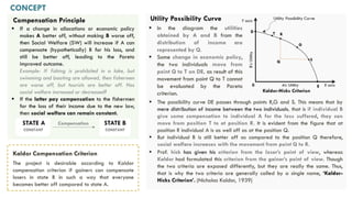 ▪ If a change in allocations or economic policy
makes A better off, without making B worse off,
then Social Welfare (SW) will increase if A can
compensate (hypothetically) B for his loss, and
still be better off, leading to the Pareto
improved outcome.
Example: If fishing is prohibited in a lake, but
swimming and boating are allowed, then fishermen
are worse off, but tourists are better off. Has
social welfare increased or decreased?
▪ If the latter pay compensation to the fishermen
for the loss of their income due to the new law,
then social welfare can remain constant.
Compensation Principle
CONCEPT
Kaldor Compensation Criterion
The project is desirable according to Kaldor
compensation criterion if gainers can compensate
losers in state B in such a way that everyone
becomes better off compared to state A.
▪ The possibility curve DE passes through points R,G and S. This means that by
mere distribution of income between the two individuals, that is if individual B
give some compensation to individual A for the loss suffered, they can
move from position T to at position R. It is evident from the figure that at
position R individual A is as well off as at the position Q.
▪ But individual B is still better off as compared to the position Q therefore,
social welfare increases with the movement from point Q to R.
Utility Possibility Curve
STATE A
GAINER
STATE B
LOSER
Compensation
▪ In the diagram the utilities
obtained by A and B from the
distribution of income are
represented by Q.
▪ Some change in economic policy,
the two individuals move from
point Q to T on DE, as result of this
movement from point Q to T cannot
be evaluated by the Pareto
criterion.
▪ Prof. hick has given his criterion from the loser’s point of view, whereas
Kaldor had formulated this criterion from the gainer’s point of view. Though
the two criteria are exposed differently, but they are really the same. Thus,
that is why the two criteria are generally called by a single name, ‘Kaldor-
Hicks Criterion’. (Nicholas Kaldor, 1939)
STATE B
CONSTANT
STATE A
CONSTANT
 