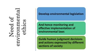 Need
of
environmental
ethics
Develop environmental legislation
And hence monitoring and
effective implementation of
environmental laws
Guide human judgment decisions
and actions expressed by different
sections of society
 