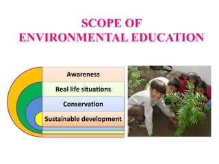 SCOPE OF
ENVIRONMENTAL EDUCATION
Awareness
Real life situations
Conservation
Sustainable development
 
