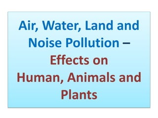Air, Water, Land and
Noise Pollution –
Effects on
Human, Animals and
Plants
 