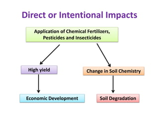 Direct or Intentional Impacts
Application of Chemical Fertilizers,
Pesticides and Insecticides
High yield
Economic Development
Change in Soil Chemistry
Soil Degradation
 