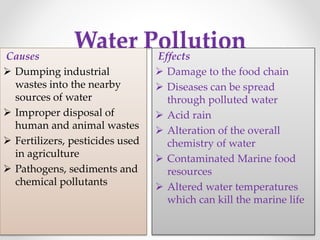 Water PollutionCauses
 Dumping industrial
wastes into the nearby
sources of water
 Improper disposal of
human and animal wastes
 Fertilizers, pesticides used
in agriculture
 Pathogens, sediments and
chemical pollutants
Effects
 Damage to the food chain
 Diseases can be spread
through polluted water
 Acid rain
 Alteration of the overall
chemistry of water
 Contaminated Marine food
resources
 Altered water temperatures
which can kill the marine life
 
