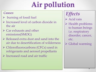 Air pollution
Causes
 burning of fossil fuel
 Increased level of carbon dioxide in
the air
 Car exhausts and other
emissions(SMOG)
 Released extra dust and sand into the
air due to desertification of wilderness
 Chlorofluorocarbons (CFCs) used in
refrigerants and aerosol propellants
 Increased road and air traffic
Effects
 Acid rain
 Health problems
to human beings
i.e. respiratory
disorder, cancer,
etc.
 Global warming
 