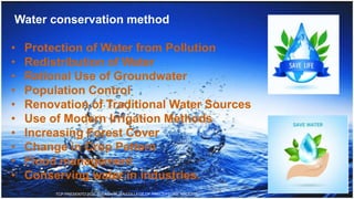 Water conservation method
• Protection of Water from Pollution
• Redistribution of Water
• Rational Use of Groundwater
• Population Control
• Renovation of Traditional Water Sources
• Use of Modern Irrigation Methods
• Increasing Forest Cover
• Change in Crop Pattern
• Flood management
• Conserving water in industries.
TCP PRESENTO 2020, THIAGARAJAR COLLEGE OF PRECEPTORS, MADURAI.
 