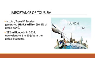 IMPORTANCE OF TOURISM
In total, Travel & Tourism
generated US$7.6 trillion (10.2% of
global GDP).
 292 million jobs in 2016,
equivalent to 1 in 10 jobs in the
global economy.
 