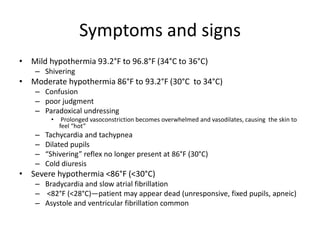 Symptoms and signs
• Mild hypothermia 93.2°F to 96.8°F (34°C to 36°C)
– Shivering

• Moderate hypothermia 86°F to 93.2°F (30°C to 34°C)
– Confusion
– poor judgment
– Paradoxical undressing
•

–
–
–
–

Prolonged vasoconstriction becomes overwhelmed and vasodilates, causing the skin to
feel “hot”

Tachycardia and tachypnea
Dilated pupils
“Shivering” reflex no longer present at 86°F (30°C)
Cold diuresis

• Severe hypothermia <86°F (<30°C)
– Bradycardia and slow atrial fibrillation
– <82°F (<28°C)—patient may appear dead (unresponsive, fixed pupils, apneic)
– Asystole and ventricular fibrillation common

 