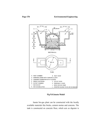 Page 178 Environmental Engineering
Fig 9.8 Janata Model
Janata bio-gas plant can be constructed with the locally
available materials like bricks, cement mortar and concrete. The
tank is constructed on concrete floor, which acts as digester is
 