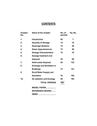 CONTENTS
Chapter Name of the chapter No. of Pg. No.
No. periods
1. Introduction 05 1
2. Quantity of Sewage 15 16
3. Sewerage Systems 15 28
4. Sewer Appurtenances 15 49
5. Sewage Characteristics 10 76
6. Sewage treatment and
disposal 35 90
7. Solid waste disposal 20 132
8. Drainage and Sanitation in
Buildings 15 141
9. Rural Water Supply and
Sanitation 10 165
10. Air pollution and Ecology 20 183
TOTAL PERIODS 160
MODEL PAPER…..…….….
REFERENCE BOOKS…….
INDEX ……….………….….
 