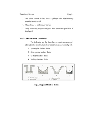 Quantity of Sewage Page 21
3. The drain should be laid such a gradient that self-cleansing
velocity is developed
4. They should be laid on easy curves
5. They should be properly designed with reasonable provision of
free board
SHAPES OF SURFACE DRAINS:
The following are the four shapes, which are commonly
adopted in the construction of surface drains as shown in fig 2.1.
1. Rectangular surface drains
2. Semi-circular surface drains
3. U-shaped surface drains
4. V-shaped surface drains
Fig 2.1 Types of Surface drains
 