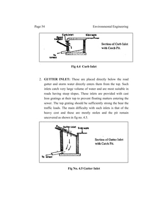 Page 54 Environmental Engineering
Fig 4.4 Curb Inlet
2. GUTTER INLET: These are placed directly below the road
gutter and storm water directly enters them from the top. Such
inlets catch very large volume of water and are most suitable in
roads having steep slopes. These inlets are provided with cast
Iron gratings at their top to prevent floating matters entering the
sewer. The top grating should be sufficiently strong the bear the
traffic loads. The main difficulty with such inlets is that of the
heavy cost and these are mostly stolen and the pit remain
uncovered as shown in fig no. 4.5.
Fig No. 4.5 Gutter Inlet
 