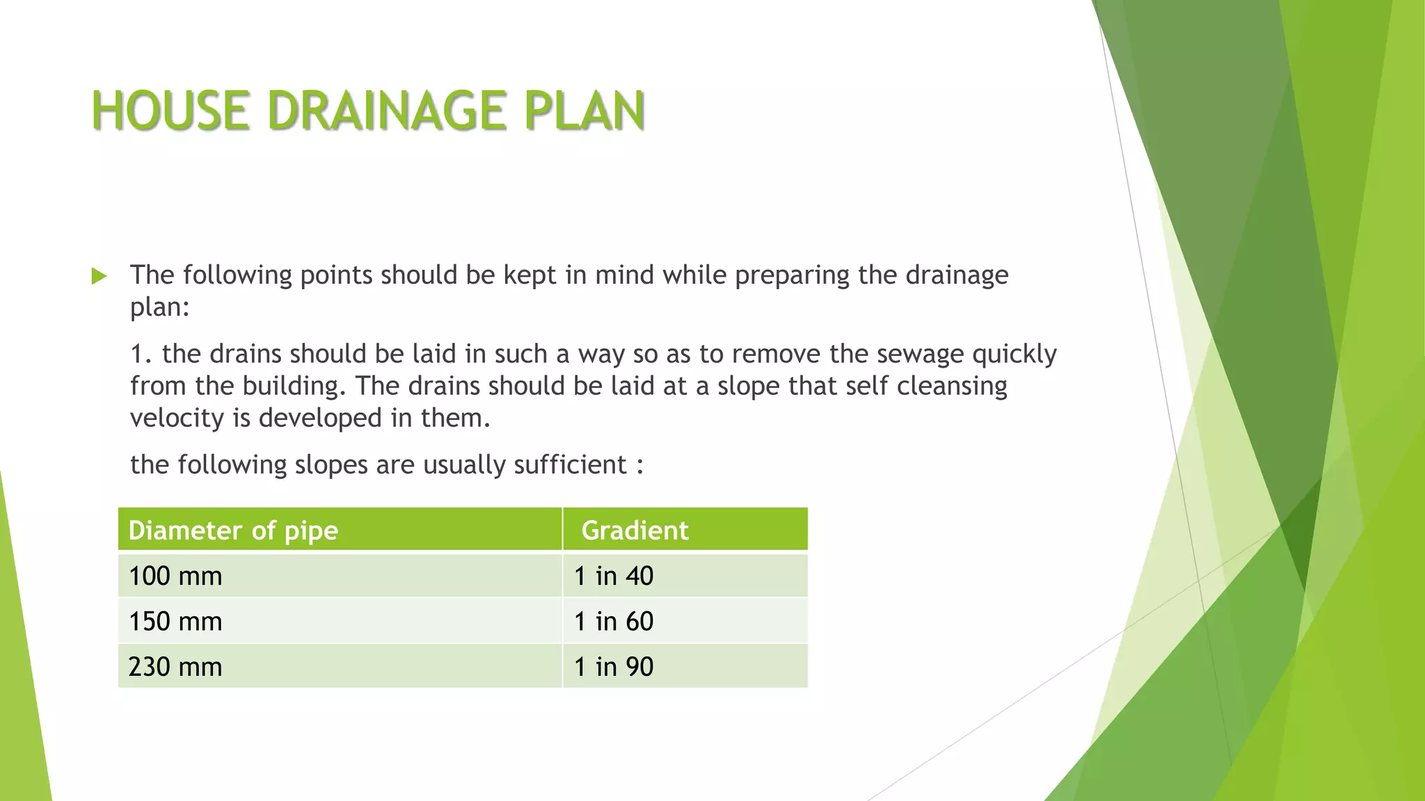 HOUSE DRAINAGE PLAN
 The following points should be kept in mind while preparing the drainage
plan:
1. the drains should be laid in such a way so as to remove the sewage quickly
from the building. The drains should be laid at a slope that self cleansing
velocity is developed in them.
the following slopes are usually sufficient :
Diameter of pipe Gradient
100 mm 1 in 40
150 mm 1 in 60
230 mm 1 in 90
 