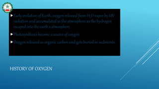 HISTORY OF OXYGEN
Early evolution of Earth, oxygen released from H2O vapor by UV
radiation and accumulated in the atmosphere as the hydrogen
escaped into the earth's atmosphere
Photosynthesis became a source of oxygen
Oxygen released as organic carbon and gets buried in sediments.
 