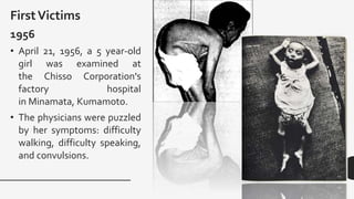 FirstVictims
1956
• April 21, 1956, a 5 year-old
girl was examined at
the Chisso Corporation's
factory hospital
in Minamata, Kumamoto.
• The physicians were puzzled
by her symptoms: difficulty
walking, difficulty speaking,
and convulsions.
 