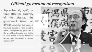 Official government recognition
• September 26, 1968, 12
years after the discovery
of the disease, the
government issued an
official conclusion that cause of
Minimata disease is the causative
agent methylmercury produced in
the acetaldehyde acetic acid facility
of Shin Nihon Chisso's Minamata
factory was discharged in factory
wastewater.”
 